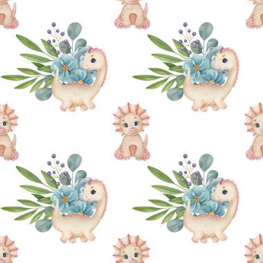 Tatlı dinozor desenli suluboya desenli ve açık arkaplanda buket kompozisyonu. Komik çocuk illüstrasyonu. Çocuk tekstil, ambalaj ve diğer tasarımlar için ideal.