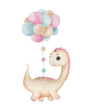 Işık arka planında balonları olan şirin bir dinozor. Suluboya çocuk çizimleri. Davetiye, poster, ev dekorasyonu, ambalaj tasarımı, yazdırma için ideal.
