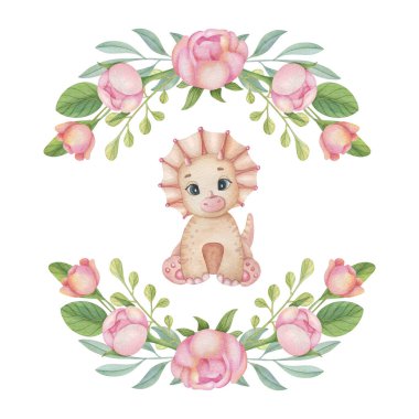 Işık arka planında çiçek kompozisyonu olan şirin bir dinozor. Suluboya izole çocuk çizimi. Davetiye, poster, ev dekorasyonu, ambalaj tasarımı, yazdırma için ideal.