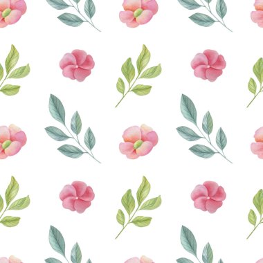 Watercolor floral seamless pattern on the light background. Hand-painted illustration with elegant flowers, leaves and buds.	