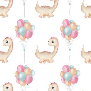 Suluboya desenli, sevimli dinozor ve balonla aydınlık arka planda. Komik çocuk illüstrasyonu. Çocuk tekstil, ambalaj ve diğer tasarımlar için ideal.