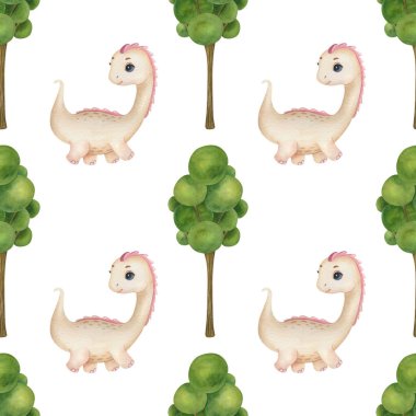 Tatlı dinozor ve açık arkaplanda ağaç desenli suluboya desen. Komik çocuk illüstrasyonu. Çocuk tekstil, ambalaj ve diğer tasarımlar için ideal.