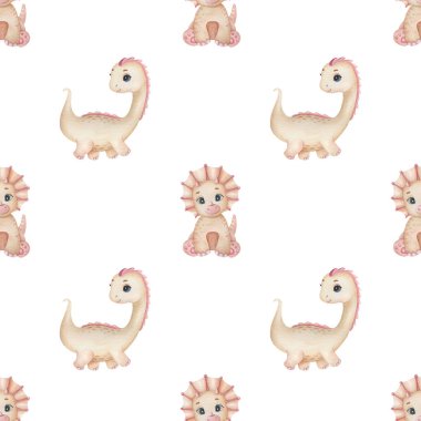 Açık arkaplanda sevimli bir dinozor olan suluboya desenli. Komik çocuk illüstrasyonu. Çocuk tekstil, ambalaj ve diğer tasarımlar için ideal.