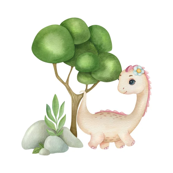 Cute little dinosaur on the nature background. Watercolor isolated cartoon kids illustration. Ideal for invitation, poster, home decor, packaging design, print.