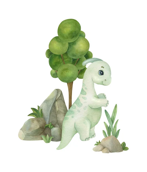 Cute little dinosaur on the nature background. Watercolor isolated cartoon kids illustration. Ideal for invitation, poster, home decor, packaging design, print.