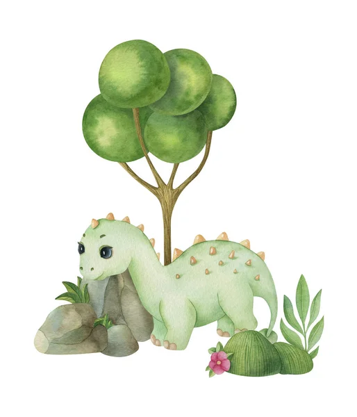 Cute little dinosaur on the nature background. Watercolor isolated cartoon kids illustration. Ideal for invitation, poster, home decor, packaging design, print.