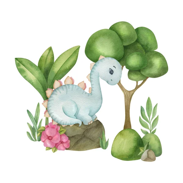 Cute little dinosaur on the nature background. Watercolor isolated cartoon kids illustration. Ideal for invitation, poster, home decor, packaging design, print.