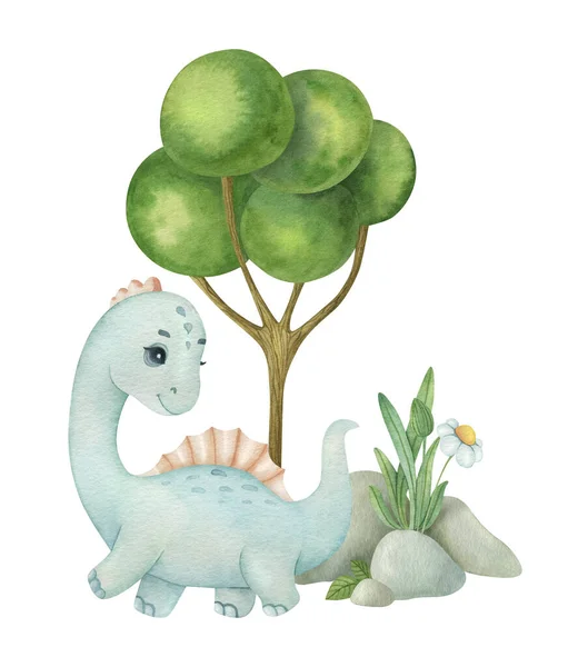 Söt Liten Dinosaurie Naturen Bakgrund Akvarell Isolerade Tecknade Barn Illustration — Stockfoto