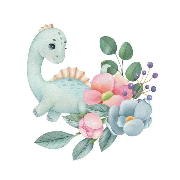 Mignon Petit Dinosaure Avec Composition Fleurs Sur Fond Clair Aquarelle — Photo