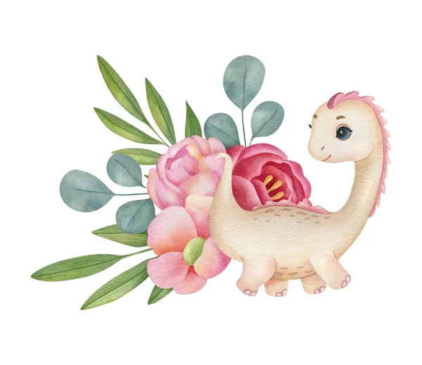 Söt Liten Dinosaurie Med Blomsterkomposition Ljus Bakgrund Akvarell Isolerade Tecknade — Stockfoto
