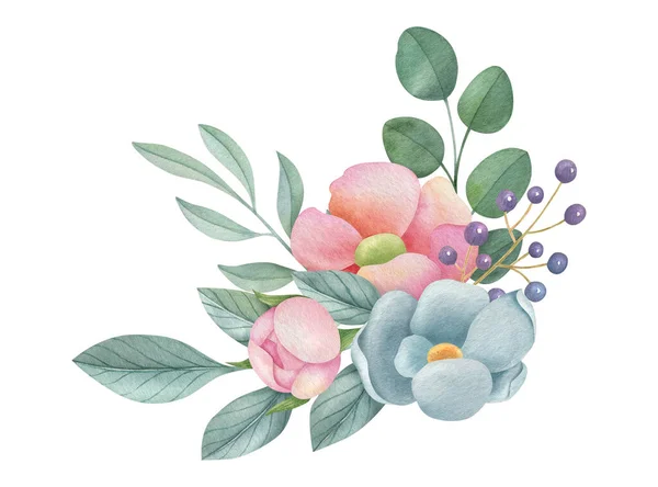 Υδατογραφία Floral Σύνθεση Στο Φως Φόντο Χειροποίητη Απεικόνιση Για Προσκλήσεις — Φωτογραφία Αρχείου