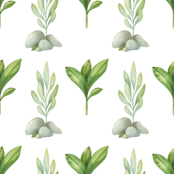 Watercolor seamless pattern with cartoon plant, rock and tree on the light background. Funny kids illustration. Ideal for children\'s textile, wrapping, and other designs.