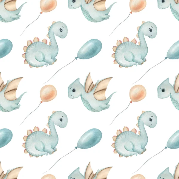 Aquarell Nahtlose Muster Mit Niedlichen Dinosaurier Und Ballon Auf Dem — Stockfoto