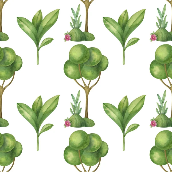 Watercolor Seamless Pattern Cartoon Tree Hillock Flower Grass Light Background — Stock Photo, Image