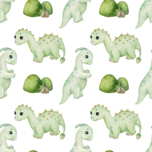 Watercolor Seamless Pattern Cute Dinosaurs Green Hillock Light Background Funny — Stock Photo, Image