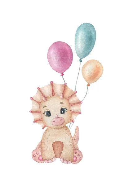 Cute little dinosaur with balloons on the light background. Watercolor cartoon kids illustration. Ideal for invitation, poster, home decor, packaging design, print.