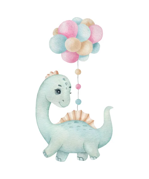 Cute little dinosaur with balloons on the light background. Watercolor cartoon kids illustration. Ideal for invitation, poster, home decor, packaging design, print.