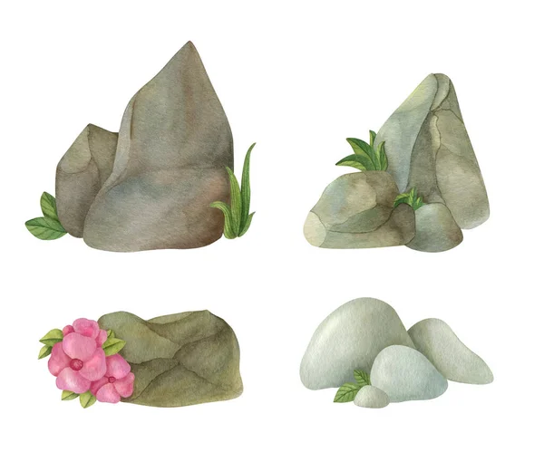 Akvarell Illustration Stenar Med Gräs Och Blommor Handmålade Isolerade Set — Stockfoto