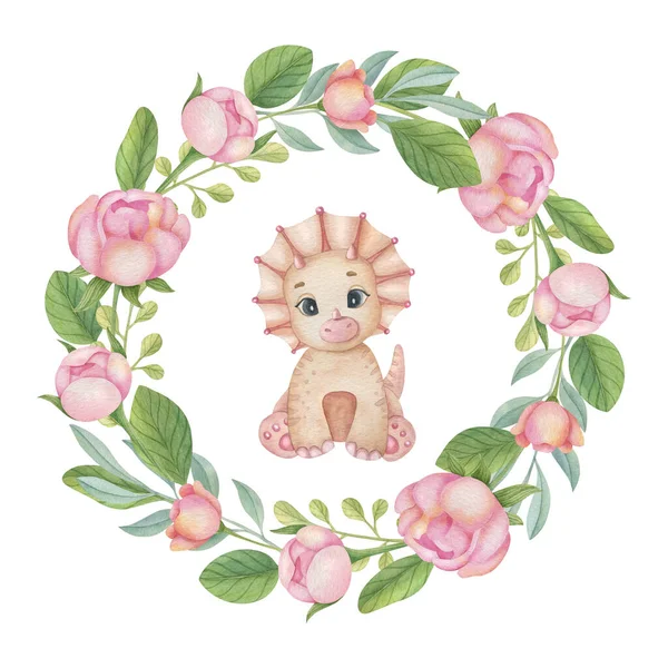 Cute little dinosaur with flower composition on the light background. Watercolor isolated cartoon kids illustration. Ideal for invitation, poster, home decor, packaging design, print.
