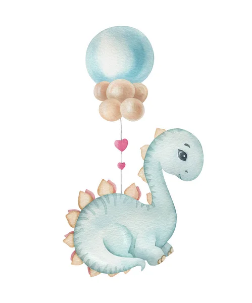 Cute little dinosaur with balloons on the light background. Watercolor cartoon kids illustration. Ideal for invitation, poster, home decor, packaging design, print.