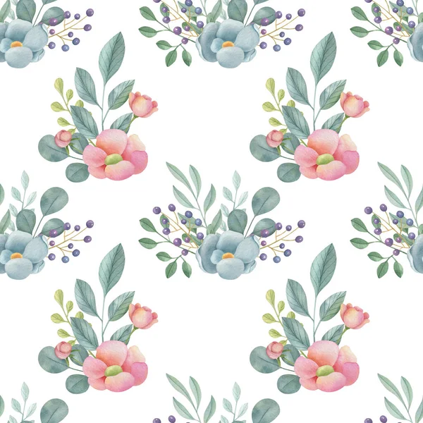 Watercolor Floral Seamless Pattern Light Background Hand Painted Illustration Elegant — Photo
