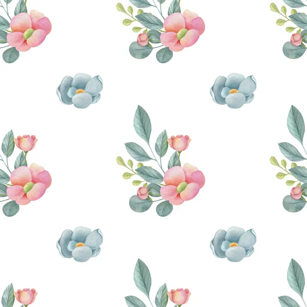 Watercolor Floral Seamless Pattern Light Background Hand Painted Illustration Elegant — 스톡 사진