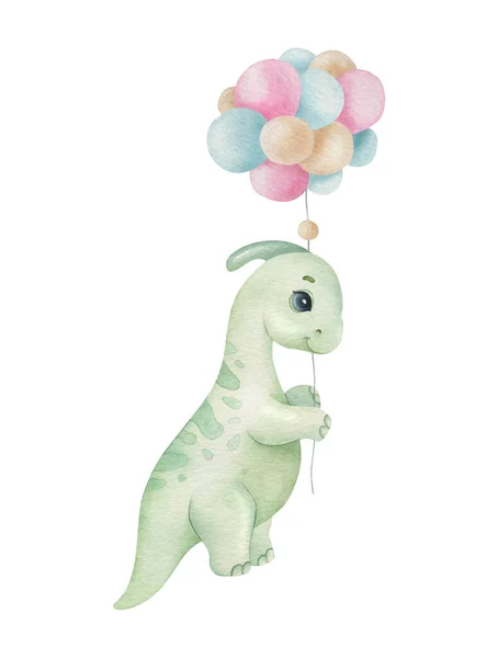 Cute little dinosaur with balloons on the light background. Watercolor cartoon kids illustration. Ideal for invitation, poster, home decor, packaging design, print.