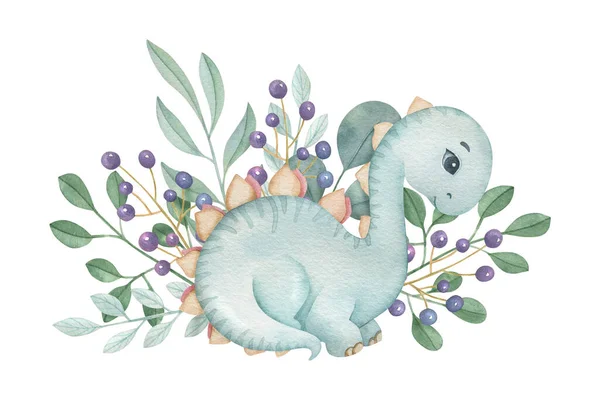 Cute little dinosaur with flower composition on the light background. Watercolor isolated cartoon kids illustration. Ideal for invitation, poster, home decor, packaging design, print.