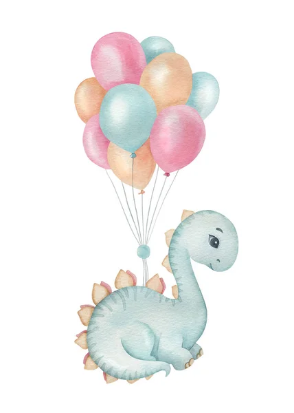 Cute little dinosaur with balloons on the light background. Watercolor cartoon kids illustration. Ideal for invitation, poster, home decor, packaging design, print.