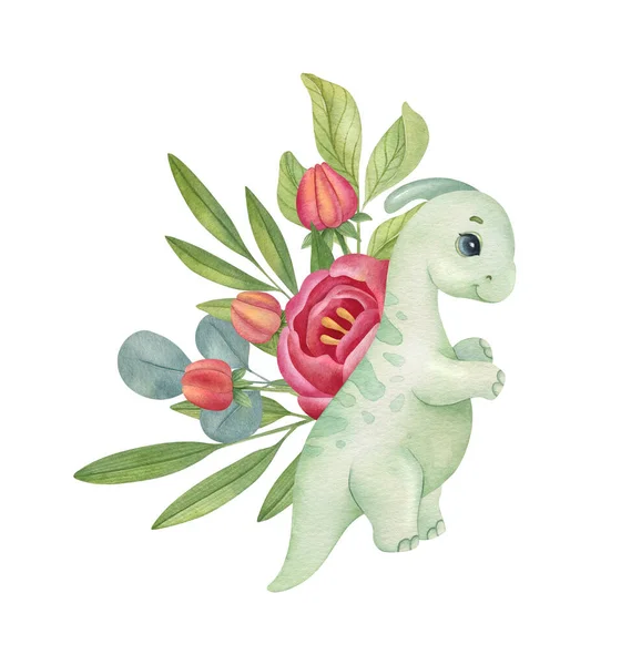 Cute little dinosaur with flower composition on the light background. Watercolor isolated cartoon kids illustration. Ideal for invitation, poster, home decor, packaging design, print.