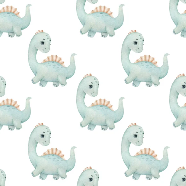 Watercolor seamless pattern with cute dinosaur on the light background. Funny kids illustration. Ideal for children\'s textile, wrapping, and other designs.