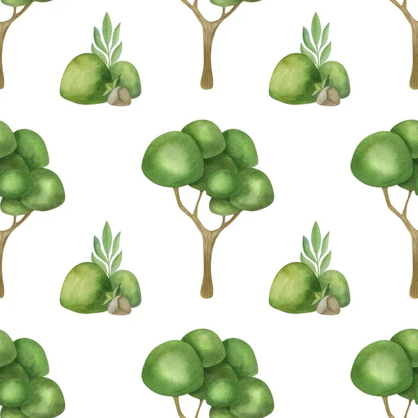 Watercolor seamless pattern with cartoon tree, hillock and stone on the light background. Funny kids illustration. Ideal for children\'s textile, wrapping, and other designs.