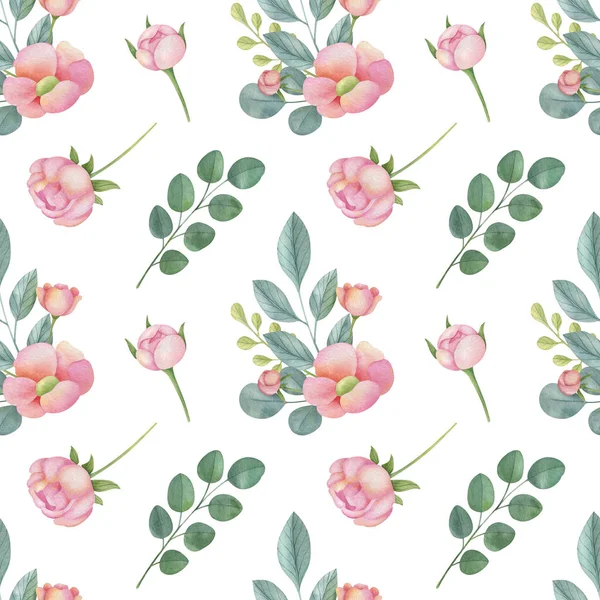 Watercolor Floral Seamless Pattern Light Background Hand Painted Illustration Elegant — 스톡 사진