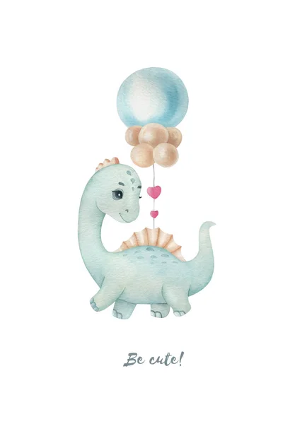 Be cute! Little dinosaur with balloons on the light background. Watercolor cartoon kids illustration. Ideal for invitation, poster, home decor, packaging design, print.