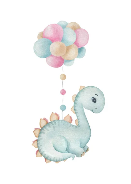 Söt Liten Dinosaurie Med Ballonger Ljus Bakgrund Tecknad Akvarell Barn — Stockfoto