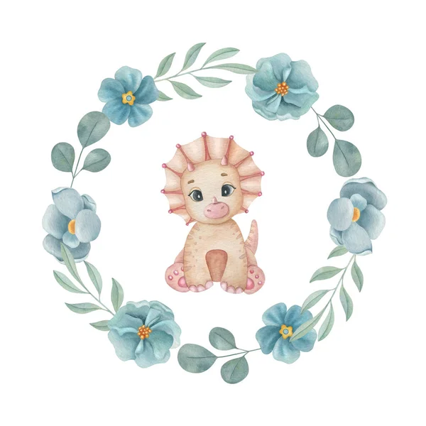 Cute little dinosaur with flower composition on the light background. Watercolor isolated cartoon kids illustration. Ideal for invitation, poster, home decor, packaging design, print.