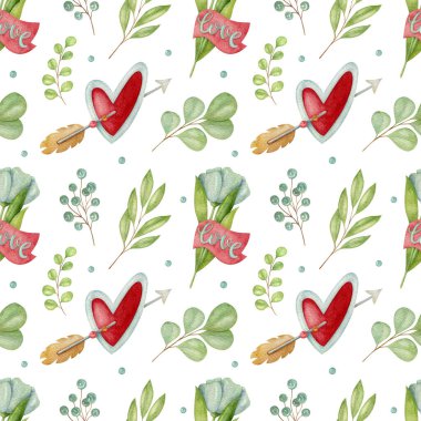 Açık arkaplanda kalp, yaprak, böğürtlen, çiçek ve ok olan dikişsiz suluboya deseni. Parlak illüstrasyon. Tekstil, ambalaj ve diğer tasarımlar için ideal.