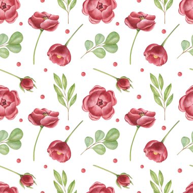 Açık arkaplanda kırmızı çiçekler olan dikişsiz suluboya desen. Parlak çiçek çizimi. Tekstil, ambalaj ve diğer tasarımlar için ideal.