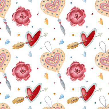 Açık arkaplanda kalp, ok, amblem ve çiçek olan dikişsiz suluboya deseni. Parlak illüstrasyon. Tekstil, ambalaj ve diğer tasarımlar için ideal.