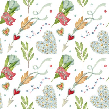 Açık arkaplanda kalp, ok, kurdele, çiçek, yaprak ve çelenk olan sulu boya deseni. Parlak illüstrasyon. Tekstil, ambalaj ve diğer tasarımlar için ideal.