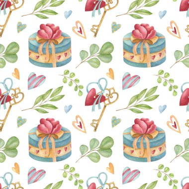 Açık arkaplanda kalp, yaprak, anahtar ve hediye kutusu olan dikişsiz suluboya desen. Parlak illüstrasyon. Tekstil, ambalaj ve diğer tasarımlar için ideal.