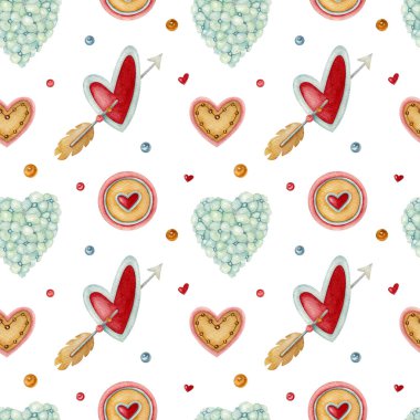 Açık arkaplanda kalp, ok, bisküvi ve çiçek olan dikişsiz suluboya deseni. Parlak illüstrasyon. Tekstil, ambalaj ve diğer tasarımlar için ideal.