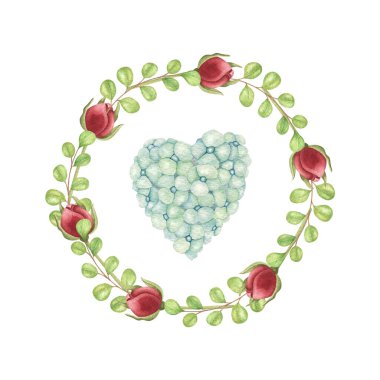 Açık arkaplanda çiçek çelengi olan suluboya kalp. Davetiye, poster, ev dekorasyonu, ambalaj tasarımı, yazdırma için ideal.