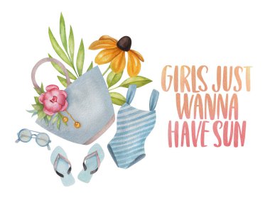 Kızlar sadece güneşlenmek ister. Açık arkaplanda harflerle yazılmış suluboya yaz kompozisyonu. Çiçekli, çantalı, parmak arası terlikli, bikinili ve gözlüklü parlak el yapımı illüName. 