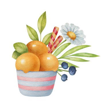 Açık arkaplanda çiçek ve yaprak olan dondurmanın suluboya yaz kompozisyonu. Parlak elle boyanmış sezon çizimi.