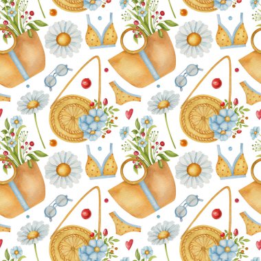 Beyaz arka planda torba, çiçek, bikini ve çiçek unsurlarıyla kusursuz suluboya deseni. Parlak yaz illüstrasyonu. Tekstil, ambalaj ve diğer tasarımlar için ideal.