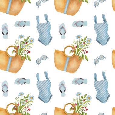 Terlikli kusursuz suluboya deseni, yaz çantası, bikini, çiçek ve açık arkaplanda bardaklar. Parlak yaz illüstrasyonu. Kartpostallar, tebrik kartları, paketleme ve diğer tasarım için ideal.