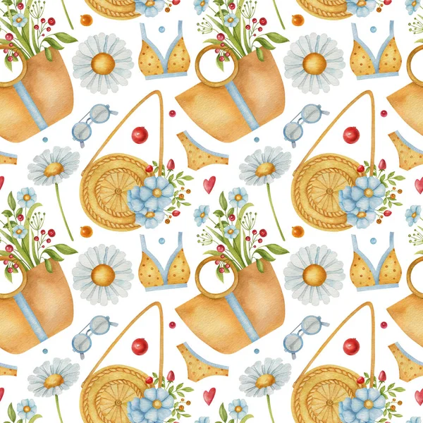 Seamless watercolor pattern with bag, flower, bikini and floral elements on white background. Bright summer illustration. Ideal for textile, wrapping, and other designs.