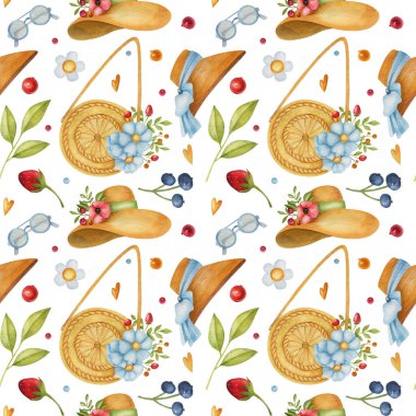 Şapkalı, yaz çantalı, bardaklı, çiçekli ve böğürtlenli kusursuz suluboya desenli. Parlak yaz illüstrasyonu. Kartpostallar, tebrik kartları, paketleme ve diğer tasarım için ideal.