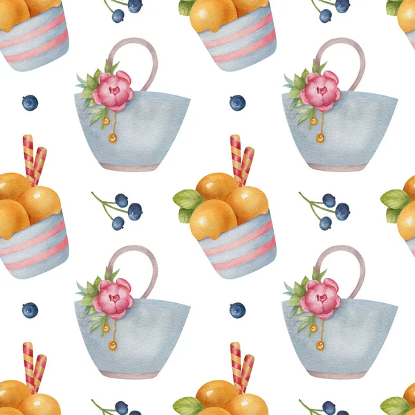 Seamless Watercolor Pattern Ice Cream Flower Summer Bag Blueberry White — Stock Photo, Image
